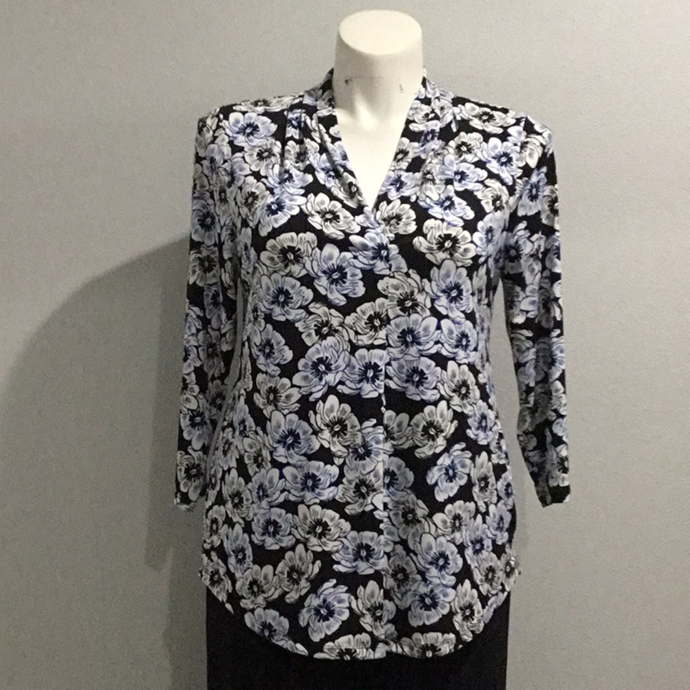 Charter Club peasant top. Black base with blue and black outlined flowers.